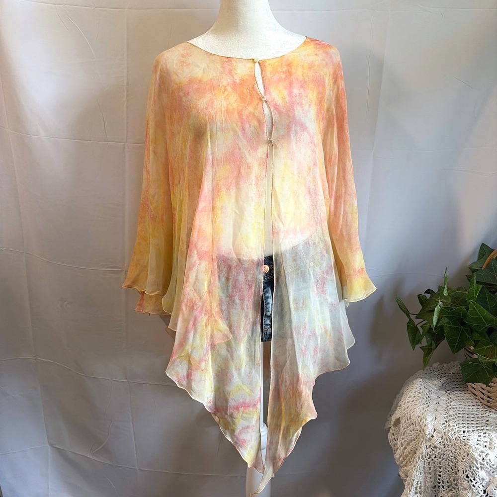 Vintage Sheer 100% Silk Tie Dye Poncho Top Yellow Pink Orange Handkerchief Hem